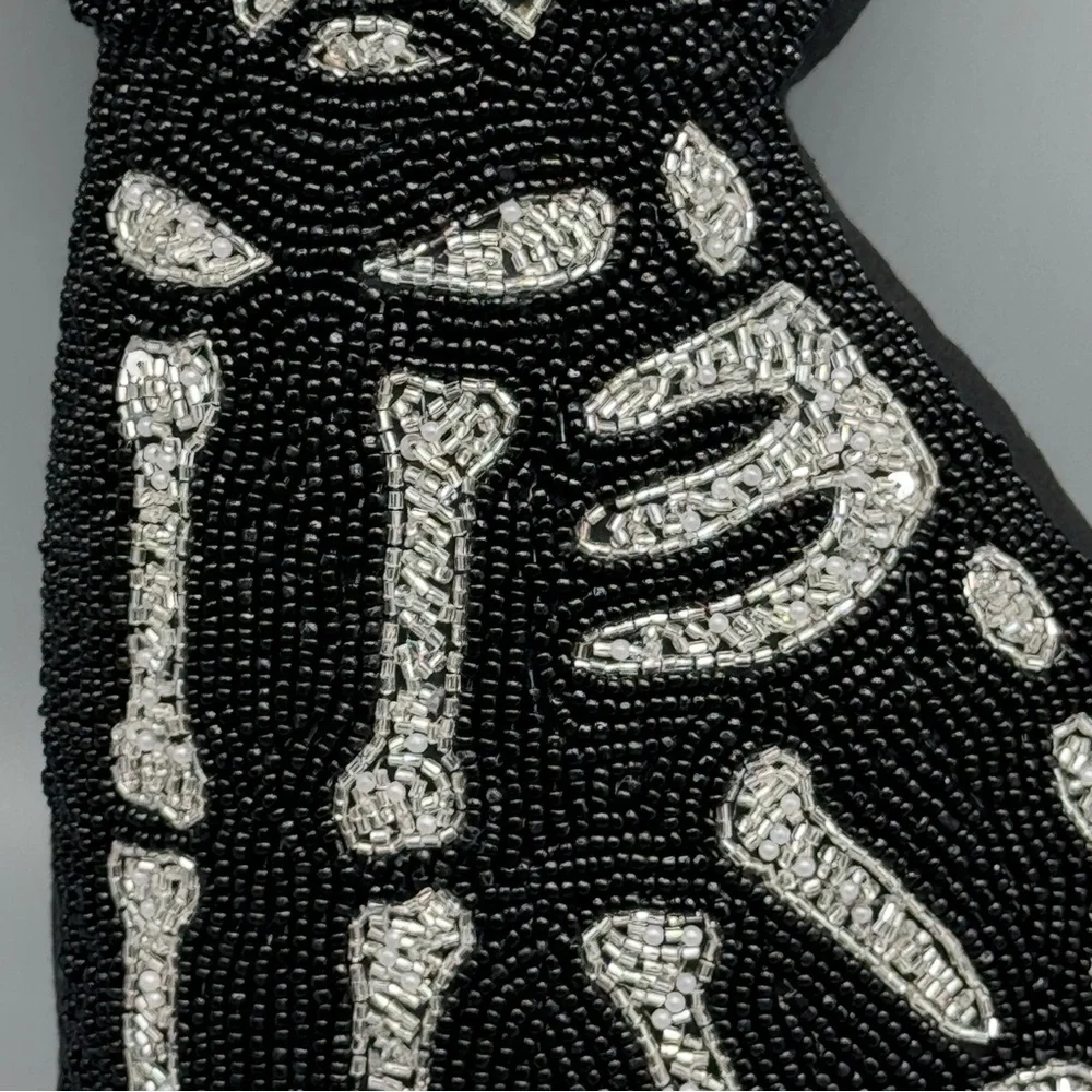 Spooky Night Halloween Skeleton Black Cat Beaded Throw Pillow Day of Dead Decor